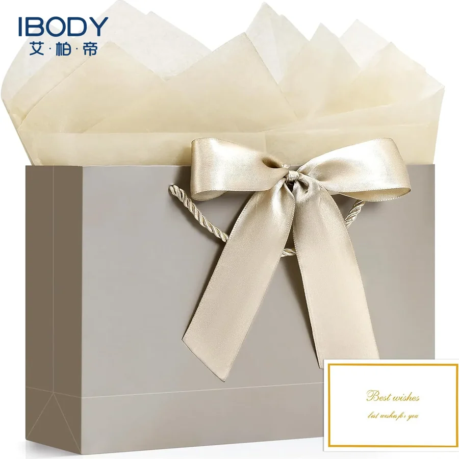 Luxury white card paper bag with ribbon bow and tissue paper